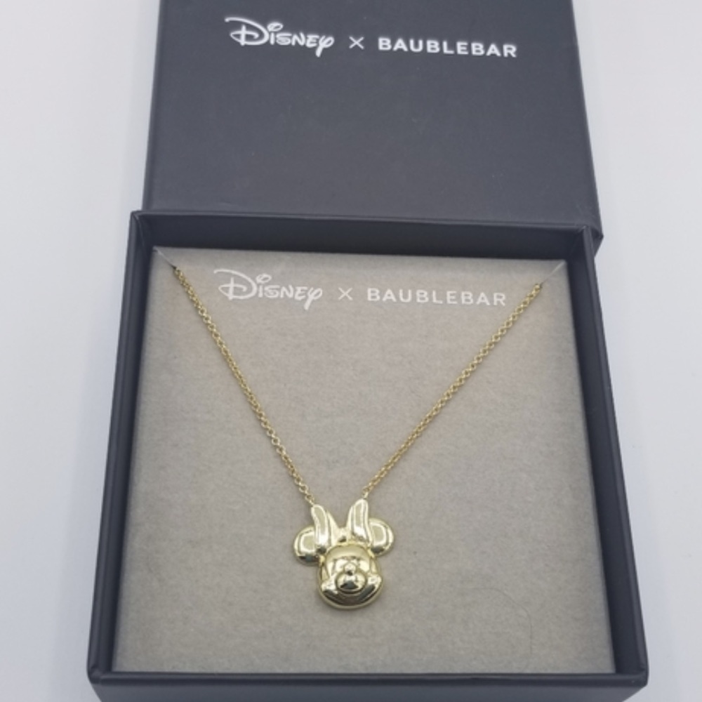 NWT Disney X Baublebar Goldtone Minnie Mouse Dimensional Face With Bow Necklace - Picture 2 of 3